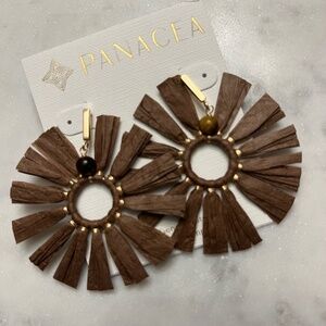 Panacea Brown Raffia Earrings Hoop Fan Resort Summer Boho Tropical Jewelry New